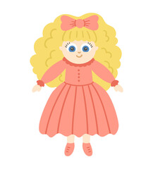 Vector doll isolated on white background. Cute toy girl with blond hair in pink dress illustration for kids. Funny smiling character for children.