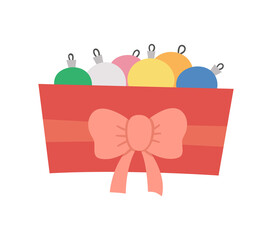 Vector box with Christmas balls isolated on white background. Cute funny illustration of New Year symbol. Flat Christmas tree decorations..