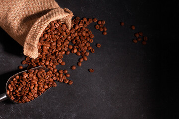 Coffee beans, metal scoop, burlap bag on dark grey background with copy space. Arabica grains, top view. Coffee shop, caffeine, roast concept