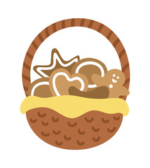Vector basket with decorated gingerbread isolated on white background. Cute funny illustration of new year pastry. Traditional Christmas dessert icon.