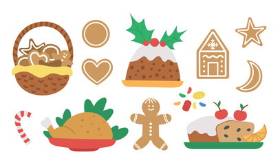 Vector set of traditional Christmas desserts and dishes isolated on white background. Cute funny illustration of new year meal. Winter food collection.