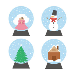 Vector set of snow globes with snowman, angel, fir tree, house. New Year decor items pack. Christmas tree toy isolated on white background. Cute winter Holidays balls for festive decorations..