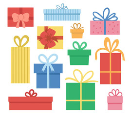 Vector set of cute presents with bows. Funny birthday or Christmas gift boxes collection. Bright holiday illustration for kids. Cheerful celebration icons isolated on white background..
