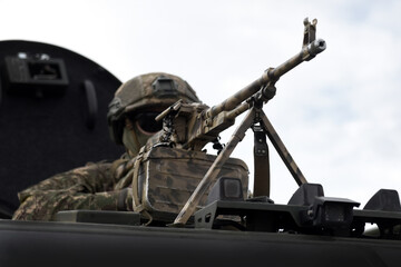 Soldier with a machine gun. Caucasus war. Military Conflict in the Caucasus