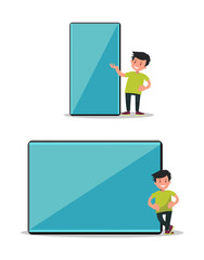 Boy and gadgets. A boy stands near the phone and tablet.