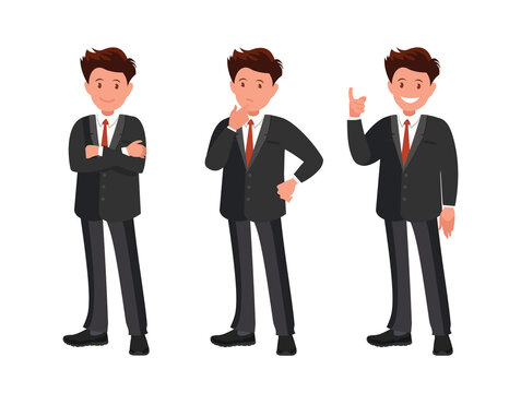 Character set. The businessman thinks, finds a solution and is happy.