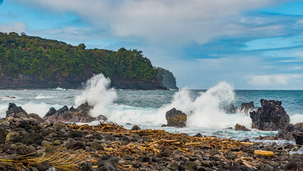 Big waves on the rocky coast. Hawaii