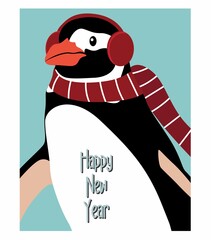 Happy new year card with penguin.