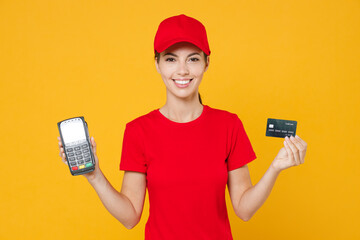 Delivery employee woman in red cap blank t-shirt uniform work courier in service holding wireless...