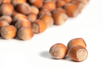 Hazelnut. Fresh organic filbert on white background. Nut macro. Collection.