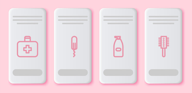 Set line First aid kit, Sanitary tampon, Bottle of liquid antibacterial soap and Hairbrush. White rectangle button. Vector.