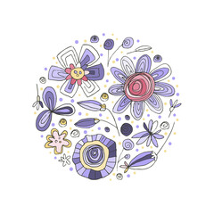 Fototapeta premium Floral round illustration with hand drawn flowers, leaves. Doodle kids drawing style. Cute artistic botanical composition, background for art print, wedding invitations, greeting cards.