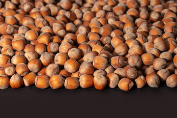 Hazelnuts. Stack of hazelnuts. Food background. Hazelnut on darck background