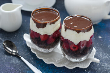 Trifle with raspberry cream and chocolate sauce