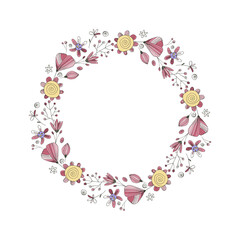 Retro Wedding Doodle Wreath Floral. Vector illustration for card invitation, greeting wedding art, hand drawn birthday graphic. Decorative nature decor.