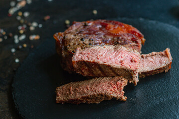 beef steak ribeye grilled bbq veal meat juicy and fried rare or medium top view copy space for text food background rustic