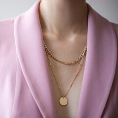 Closeup photo of young woman wearing pink jacket and golden necklace