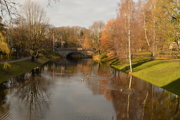 Stunning autumn landscape, colors and water reflections in Riga, Latvia