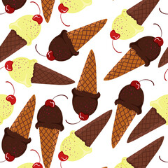 Vector seamless pattern with ice cream in a waffle cone and cherries