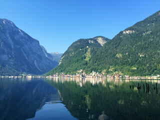 lake with the mountains at the morning in Hallstatt Upper Austria