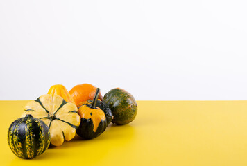 Decorative Pumpkins on Bright Yellow Background..