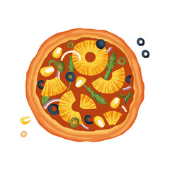 Cartoon Vector Illustration of Italian Pizza with pineapple and olive. Food Object