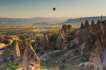 Uchisar castle and town panoramic view in sunrise, Cappadocia, Turkey - obrazy, fototapety, plakaty