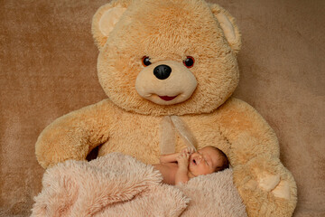 Two week old newborn baby sleeping on teddy bear