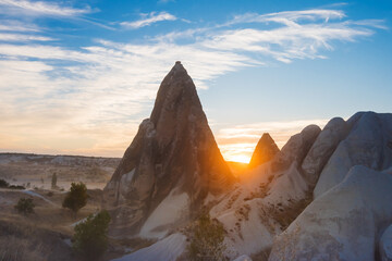 Red valley Cappadocia at sunset,  rock formations in Cappadocia, Turkey.