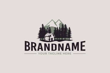 Fototapeta premium cabin logo vector graphic with pines and mountain for any business