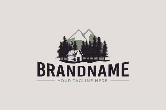 cabin logo vector graphic with pines and mountain for any business
