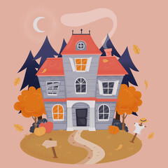 Naklejka premium View of a wooden house in the forest against the background of the moon. Halloween party invitation template. Vector illustration.
