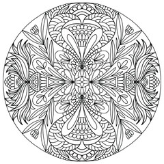 folk style flowers and abstract ornaments forming a mandala drawn on a white background for coloring, vector