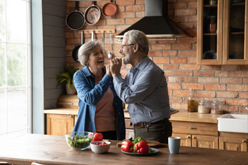 Overjoyed old Caucasian man and woman have fun cook healthy delicious breakfast lunch at home kitchen together. Happy mature husband and wife enjoy good retirement weekend, prepare food in own home.