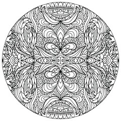 mandala with flowers and abstract ornaments drawn on a white background for coloring, vector