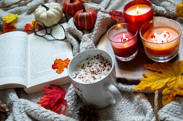 Obraz na płótnie Canvas Autumn composition, decoration, coffee, book, candle, pumpkin, glasses