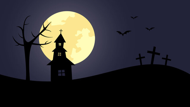 Dark silhoutte of abandoned church with tree and crosses at moony night