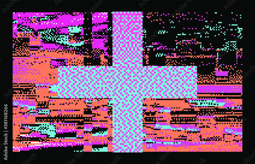 Poster Abstract technology background with random pixel noise and cross in the middle of the geometric composition.