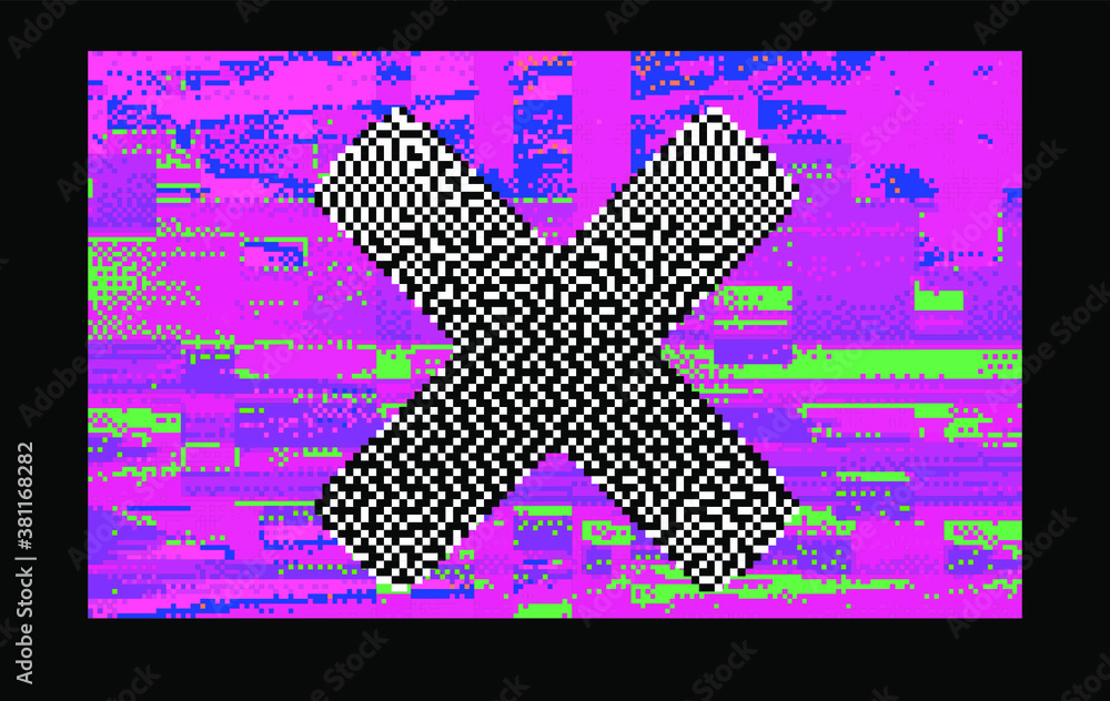 Poster Abstract technology background with random pixel noise and cross in the middle of the geometric composition.
