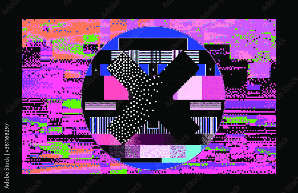 Poster Abstract technology background with random pixel noise and cross in the middle of the geometric composition.