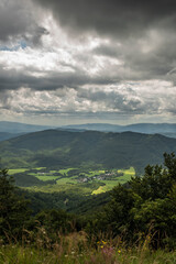 View from ridge of Poloniny national park in summer cloudy blue sky day
