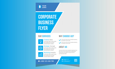 Obraz premium Business flyer layout template in A4 size with blue geometry shapes. Poster with geometric and wavy lines for Corporate Business, Modern Brochure cover template design, annual report.