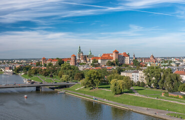 Fototapeta premium Krakow, Poland, aerial view of the Wawel Castle and Vistula river