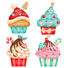 Illustration of cute cartoon Christmas cupcakes isolated on white background. Set of Christmas cupcakes.