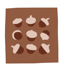 Paper-cut acorns on the brown background. Raster textured illustration with white frame. Autumn seasonal card