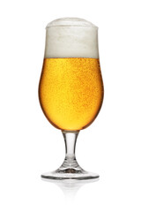 Glass of light yellow beer isolated on white.