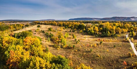 Panoramic aerial view over colorful green and orange autumn forest in countryside in Samara region, Russia