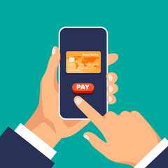 Online shopping. Credit card on a phone display. Stay home concept. Man clicks on the smartphone display and buy online. 