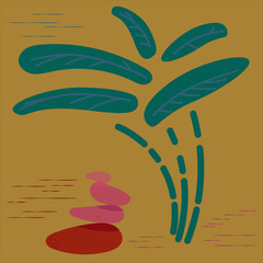 African landscape, palms, decorative stones, decor. Contemporary minimalist art in trendy colors. Vector illustration for clothing print, social media design.