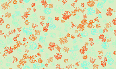 Abstract geometric hand-drawn seamless pattern of randomly scattered spiral circles, triangles and squares. Vector doodle background.